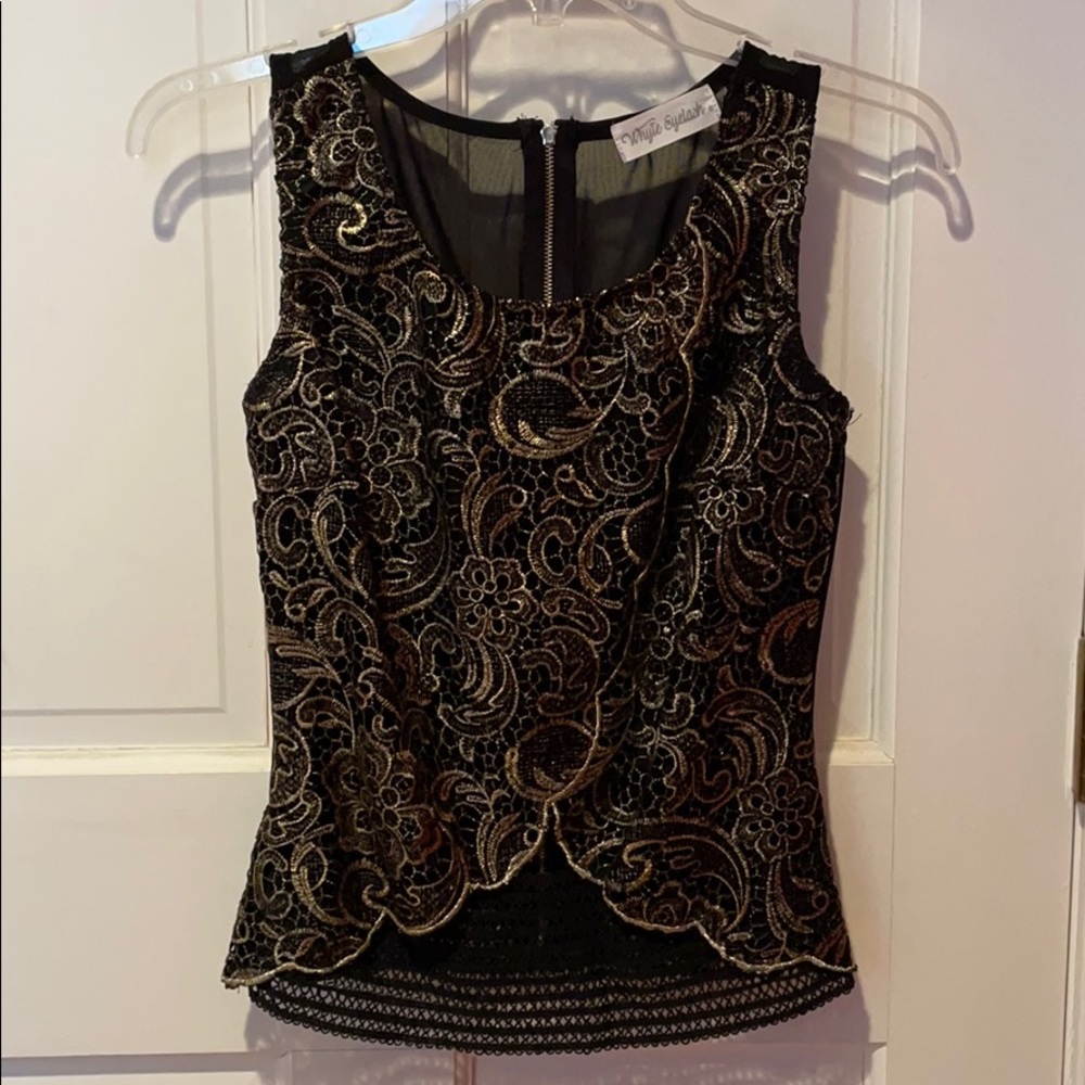 Whyte Eyelash black and gold embroidered top